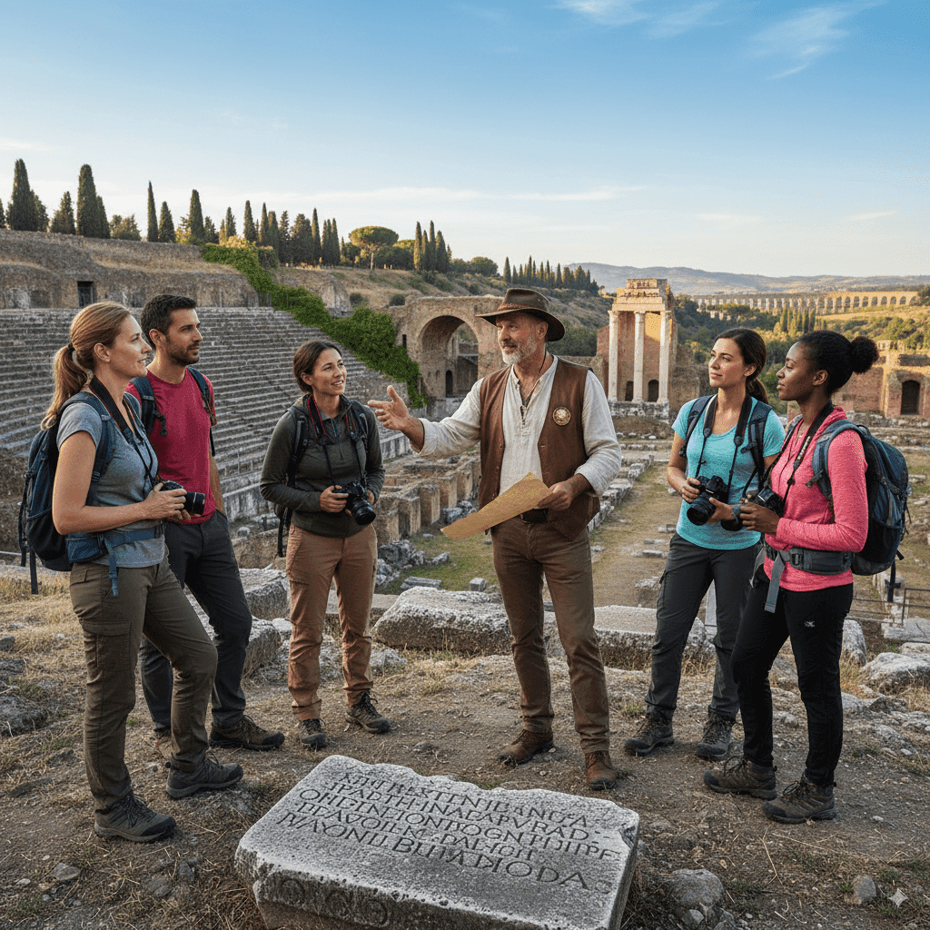 An expert guide talking to travelers in a historic location